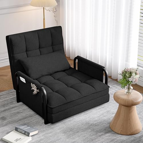 Sofá cama individual convertible, 4 en 1, sofá cama, sillón plegable de 1 plaza, sofá cama con respaldo ajustable, cojín y apoyabrazos de metal para espacio pequeño, salón (negro, 180 x 82 cm)