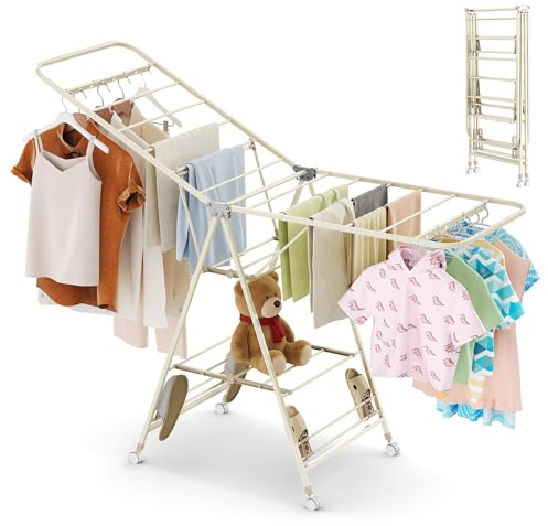 JoyCushy Clothes Airer Heavy Duty, 3 Tier Clothes Drying Rack Winged with 23 Bars & 4 Lockable Casters, Large Folding Clothes Dryer, Adjustable Height for Indoor & Outdoor (170x47x95cm)