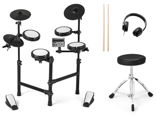 KOMFOTTEU Batería Electrónica con Pads, Batería Musical con 150 Sonidos, 10 Demostraciones, Platos de 24 cm, Instrumento Musical con Taburete Ajustable, Pedales, Baquetas y Auricular, USB MIDI
