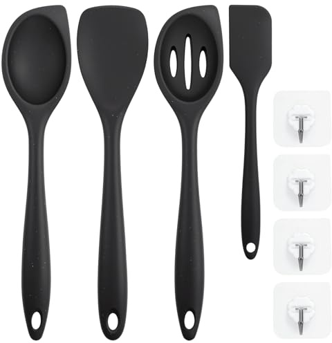 4 Pezzi Cucchiaio Silicone Cucina, Cucchiaio da Cucina per Mescolare, Senza BPA, Cucchiai di Silicone Antiaderente, Mestolo Cucina Silicon Grande per Cucinare, Cuocere, Mescolare e Servire