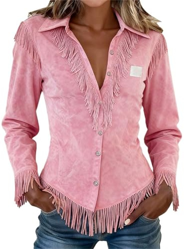 Camisa vintage de ante vaquera occidental para mujer, manga larga, con botones, ajuste delgado, diseño de flecos, camiseta elegante para trajes retro casuales y reuniones temáticas