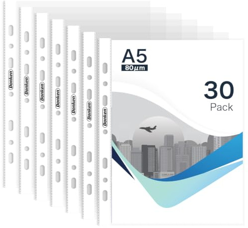 Punched Pockets A5 Clear 80 Micron Strong Plastic Sleeves, 30PCS | Top Opening Binder Inserts for A5 Ring Binder Folders, Keeping Pages Organised