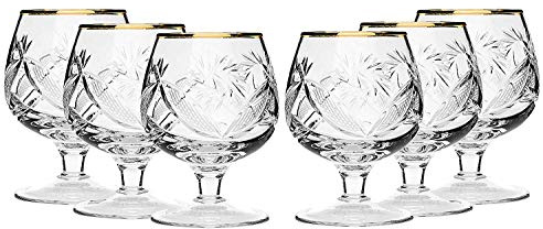 SET of 6 Russian Cut Crystal Cognac Scotch Whiskey Stemmed Snifter Goblet Glass, 24K Gold Rimmed 5 Oz. Vodka Liquor Old-fashioned Glassware Hand Made