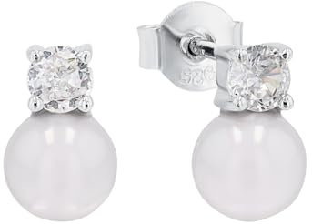 Amor Ohrstecker 925 Sterling Silber Damen Ohrschmuck, mit Zirkonia synth., mit Muschelkernperle, 1 cm, Silber, Kommt in Schmuck Geschenk Box.