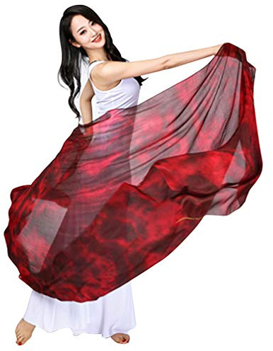 KIKIGOAL Women's 100% Silk Belly Dance Veils and Hand Scarves Gradual Colors 1.14x2.5m/98x45 (Flower red)