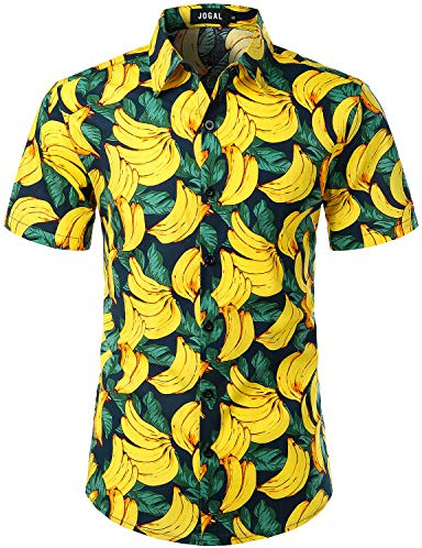 JOGAL - Camicia hawaiana a maniche corte da uomo, stampa a tema frutta, verde giallo, XXL