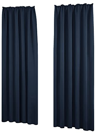Deconovo Termogardiner mörkläggningsgardiner med curlingtejp, 290x140 cm (höjd x bredd), mörkblå, uppsättning om 2