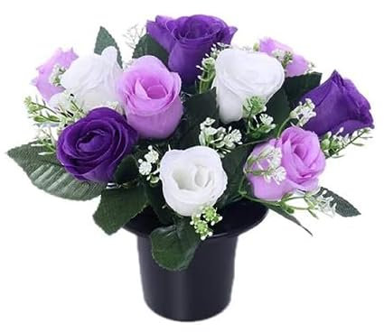 FSUK Artificial Flowers For Graves | 12 Head Lilac & White Roses With Gyp| Ideal For Cemetery, Memorial or Christmas Decorations | New & Improved Design & Quality