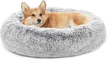 Bedfolks Calming Donut Dog Bed, 30 Inches Round Fluffy Dog Beds for Medium Dogs, Anti-Anxiety Plush Dog Bed, Machine Washable Pet Bed (Dark Grey, Medium)