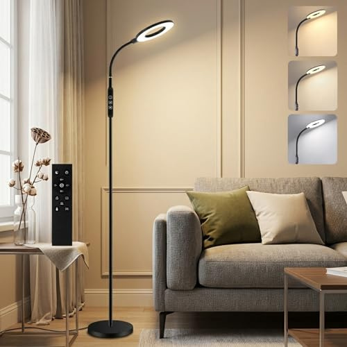 GOOSKI LED Stehlampe Dimmbar 12W, Schwarz Stehlampe mit 4 Farbtemperatur und 6 Helligkeiten, 1H Timer und Memory-Funktion, 360° Verstellbare Schwanenhals Stehleuchte für Wohnzimmer Schlafzimmer