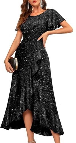 BeryLove Women Sequin Formal Party Dress Flutter Short Sleeve Wedding Guest Dresses Cocktail Long Evening Dress BLS007 Black XL