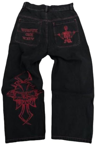 ORANDESIGNE Y2K Jeans Uomo Larghi Pantaloni Cargo Men's Jeans Hip Hop Pantaloni Larghi Denim Pantaloni Pantaloni a Gamba Larga Streetwear A Rosso XS