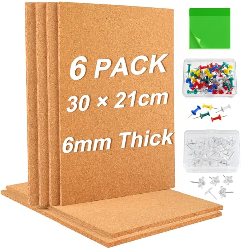 PLULON 6 Pack Self Adhesive Cork Mat, 30×21cm, 6mm Thick Rectangle Cork Board Tiles with 100 Push Pins and 50 Sticky Notes for DIY Crafts Wall Decoration