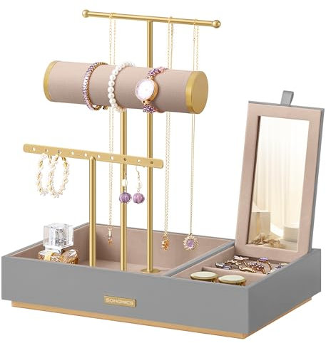 SONGMICS Jewellery Stand, Metal Jewellery Organiser, Jewellery Display Stand with Mirror, with Earring Bracelet Holder, Necklace Stand, for Rings, Gift Idea, Dove Grey and Gold JJS022G01