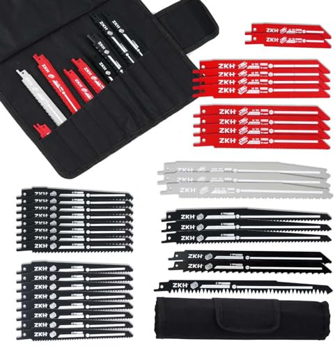 ZKH Hojas de Sierra Sable 35PCS, 13pz BI-METAL y 22pz CRV, Juego de Hojas de Sierra de Sable para Cortar Madera, Metal y Acero, Cuchilla de Sierra para Cortes Rápidos y Limpios con Bolsa de Almacenaje