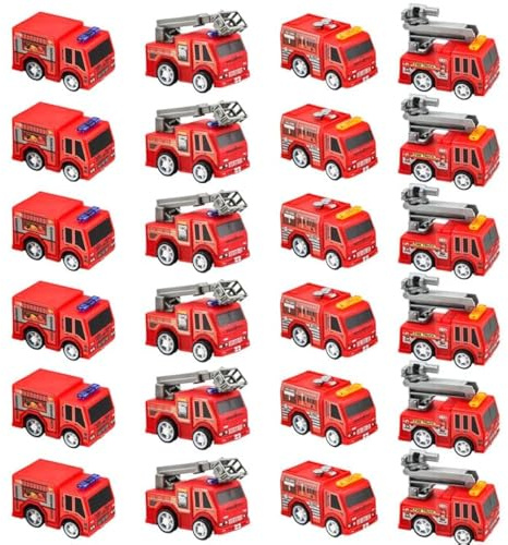 Conagel 24 Pcs Mini Pullback Fire Truck Toy Bulk Small Fire Trucks Toy Plastic Fire Engine Toy Trucks for Firefighter Birthday Party Supplies, 4 Styles