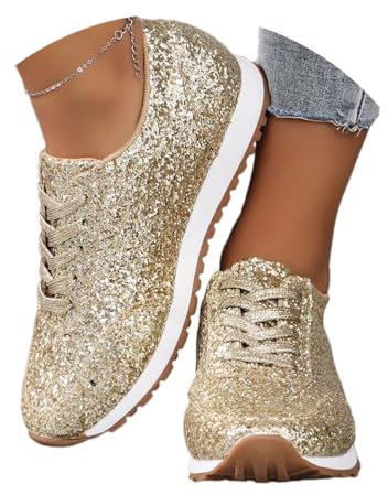 shownicer Pailletten Sneaker Damen Flache Low Glitzer Schuhe Bequeme Atmungsaktiv Schnürer Sportschuhe Turnschuhe Outdoor Laufschuhe A Gold 42 EU