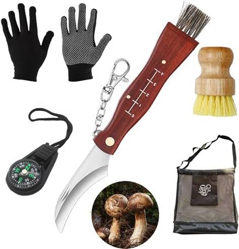 LIMEOW 1 Satz Pilzmesser Pilzmesser Set Pilzsammler Set Pilzbürste Pilzpinsel Pilztasche Mushroom Knife Schwammerlmesser Messer für Pilze Sammeln Picking-Set für Den Hausgebrauch und Den Außenbereich
