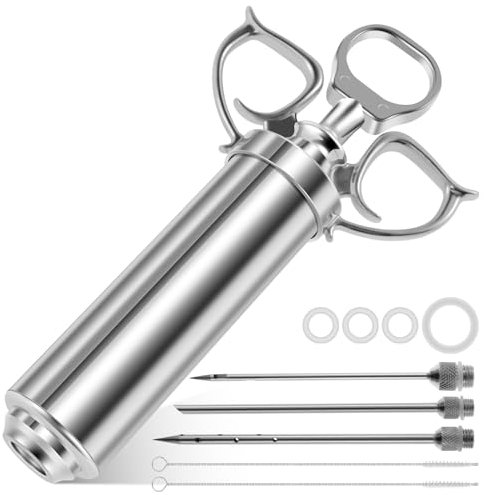 Kit siringa per iniettore di carne, 56,7 g, in acciaio inox, iniettore per condimento con 3 aghi, iniettore di sapore di tacchino, siringa per marinata alimentare, siringa per barbecue, pollo, manzo,
