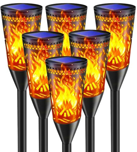 FIFlying Lampe Solaire Exterieur Jardin, 6 Pack, Lumiere Solaire Exterieur Avec Effet de Flamme RéAliste, éTanche Ip65, Convient Pour Jardin, Terrasse, Pelouse, Balcon, Chemin, Parterre de Fleurs