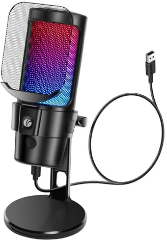 VCOM Gaming USB Microphone, Condenser Dynamic Mic for Podcasting, Streaming, with Quick Mute, Desktop Stand, Pop Filter, RGB Indicator, Shock Mount, Rotate gain Button, Compatible with PS4/5/PC