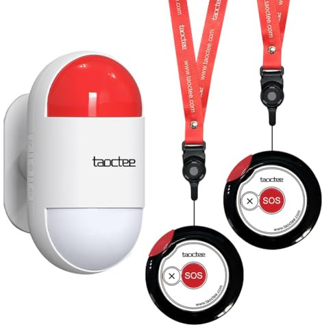 taoctee Botón de Alarma para Emergencias Alarma de Pánico Inalámbrica con Sirena y Strobe para Hogar Negocio,Ligero y Compacto con Cordón - Sistema de Alerta para Casa/Tienda (Batería/USB)