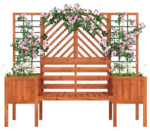 Vaso per piante in legno massiccio con griglia e panchina integrati, 170 x 145 x 42 cm, in legno di abete resistente all'umidità, per giardino, terrazza e balcone