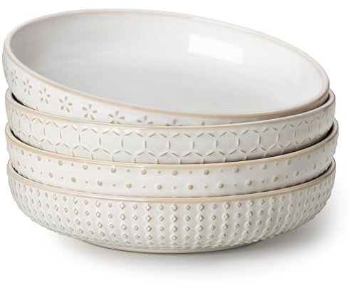 MALACASA Juego de 4 Cuencos para Pasta de Gres, 1570 ml Grande Platos Hondos para Pasta Ensalada y Sopas, Beige - Serie LYDIA