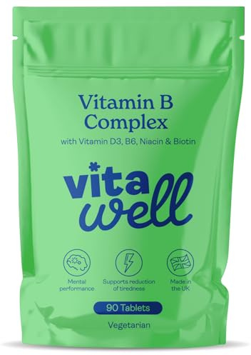 Vitawell Vitamin B Complex with Vitamin D3 | Energy, Tiredness & Fatigue Support | 3 Month Supply | High Strength B1, B2, B6, B12 | UK Made (90 Tablets)