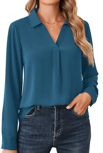 Beluring Blusenshirt Damen Elegant V-Ausschnitt Bluse Langarm Arbeit Hemd Pfauenblau M