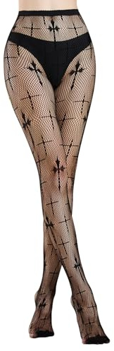 MANZI Collant a rete da donna neri fantasia calze a rete moda collant Halloween, Croce, Taglia unica