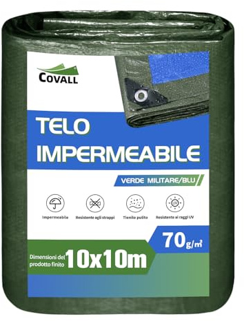 COVALL Telone plastica antipioggia 10x10m, 70g/㎡ telo impermeabile esterno multifunzionale con protezione UV verde/blu, adatto per coperture protettive per auto, coperture antipioggia per esterni