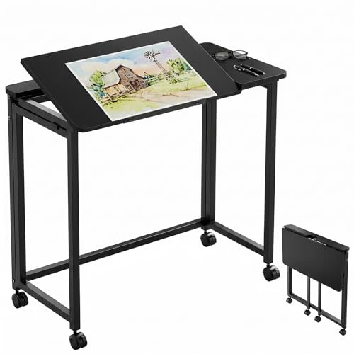 GreenForest Folding Desk with Wheels, 31.5 Inch Adjustable Tilt Drafting Table, Portable Rolling Foldable Desk for Small Space, Home Office, Drawing & Craft Workstation, Black
