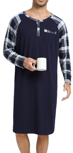 Camisón Hombre Algodón Camisetas de Pijama Larga Dormir Suave Transpirable Camisa de Noche de Mangas Largas Camison Hospital Ropa de Dormir para Descansar Azul Marino+Cuadros XL