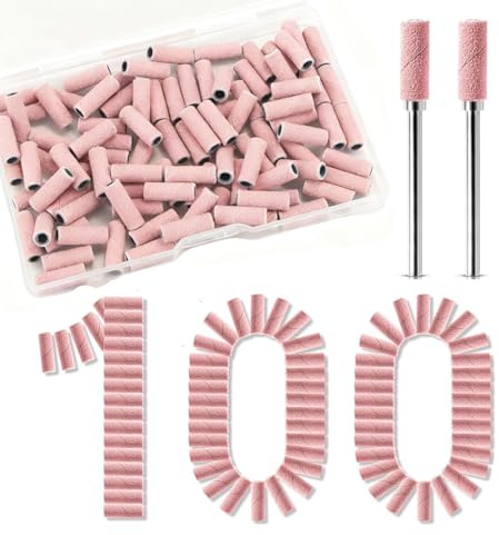 Bandas de Lijado para Cabezal para Torno de Uñas, 100 Pcs Mini Bandas 240 Grit con Estuche y 2 Brocas para Uñas, Compatible 99% Taladros Uñas, para Remoción Gel Acrílico y Pulido, Rosa