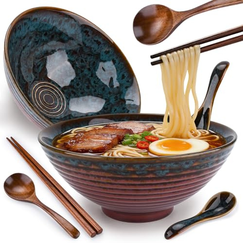 Lot de 2 Bols à Ramen en Céramique de 1000ml avec Baguettes et Cuillères,20cm Bol à Ramen Bowl Bols en Céramique pour Ramen, Salade, Céréales,Queue de Paon