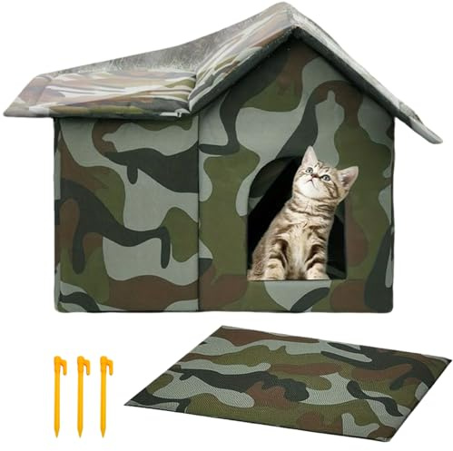 Värmeisolerad kattkoja för utomhusbruk – varmt kattskydd med kudde, husdjursskydd för kallt väder | för trädgård, balkong, lägenhet, resor, terrass, camping, backpacking