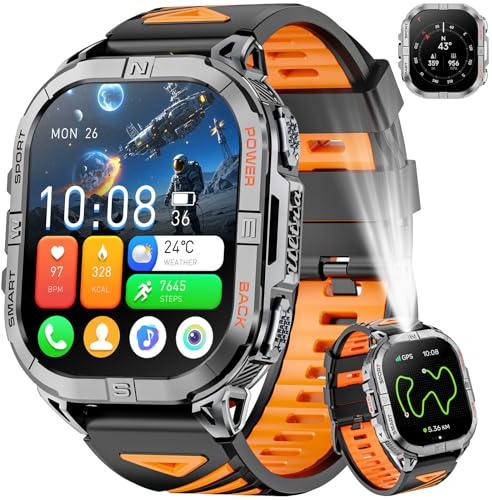 Joautrial Reloj Inteligente Hombre GPS, 2,13 AMOLED Smartwatch Militar con Linterna Led, Barómetro, Brújula, 100+ Modos Deportivos, Llamadas Bluetooth, 3ATM Impermeable para Android iOS (Negro)