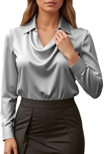 Blusas de Mujer Elegantes,Camiseta Manga Larga Mujer de Satén Color Sólido Moda Suelto Cuello Abierto Tops Casual Fiesta Versátiles T-Shirt Camisa Original Otoño Invierno Basic tee