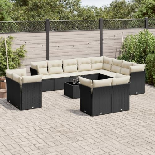 zylophax 13-TLG trädgårdssoffa set svart poly rotting med kudde väderbeständig 5 mittsoffor 7 hörnsoffor trädgårdsbord härdat glas terrass balkong lounge möbler utomhus sittgrupp