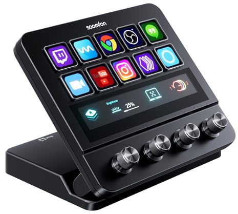 SOOMFON Stream Controller Studio Deck 10 makrotangenter, 4 urtavlor, 1 pekremsa | 10 LCD-knappar, pekremsa-skärm, 4 multifunktionsrattar för att utlösa åtgärder, kompatibel med OBS, Twitch, Discords, Youtube