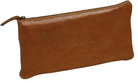 Clairefontaine Une Grande Trousse Plate en Cuir Cognac 22x11 cm - Véritable Cuir d'agneau - Cuir Glacé Cognac - Trousse Scolaire - Collection Flying Spirit - Réf. 106513C