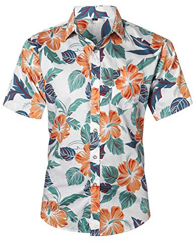 JEETOO Homme Chemise Hawaienne Casual Manches Courtes à Fleurs Été (Fleur oranger, XXX-Large)