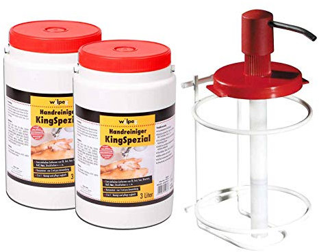 WILPEG Handreiniger 3 Liter - Seife, Waschpaste, Handwaschpaste für starke Verschmutzungen wie Fett, Teer, Ruß u.v.m. (KingSpezial 2x 3L + Spendersystem)