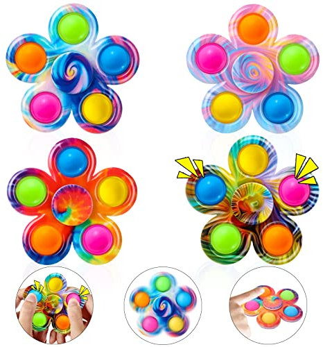 SCIONE 4PCS Fidget Spinner Pop It, Tie Popper Fidget Spinner, Push Bubble Sensory Party Bag Fillers, Fidget Toy für Kinder & Erwachsene, Pop Hand Spinner zur Stressbewältigung