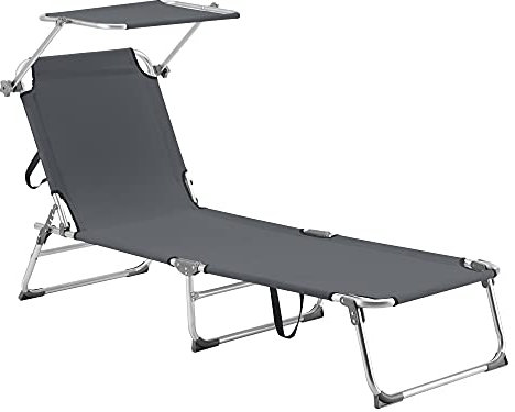[en.casa] Sonnenliege mit Dach Legorreta Liegestuhl klappbar Strandliege Aluminiumgestell bis 115 kg Gartenliege mit Rückenlehne verstellbar Dunkelgrau