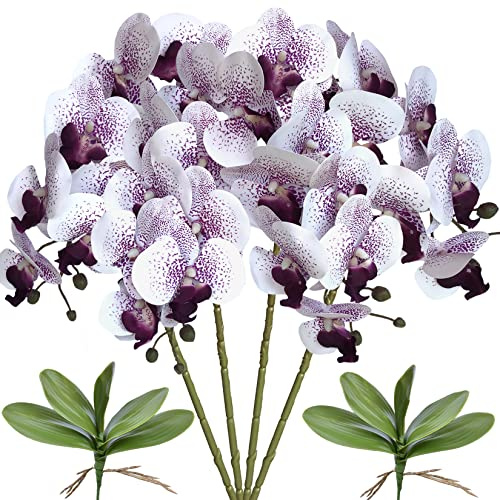 FagusHome Pianta di orchidea artificiale, 81 cm, nucleo viola, 4 pezzi con 2 fasci di foglie, fiori falsi farfalla Phalaenopsis per decorazione domestica