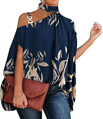 L9WEI Tops de verano para mujer, cuello halter tops mujer verano fuera de los hombros camiseta elegante estampado tops casual manga murciélago camiseta suelta manga corta top moda