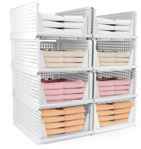 Diealles Shine Organizador Armario, 8 PCS Cajones Almacenaje Apilables, Organizador Armario Ropa Plástico, Organizador Plegable Cajas Para Armario, Dormitorio, Cocina, Baño(Blanco)