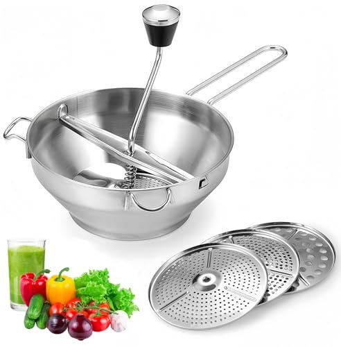 Passaverdure Manuale Acciaio Inox con 3 Intercambiabili Setacci, Versatile Passa Verdure, Tritatutto Rotante, Passaverdura per Passare Frutta, Zuppe, Pomodori, Verdure, Patate, Alimenti per Bambini